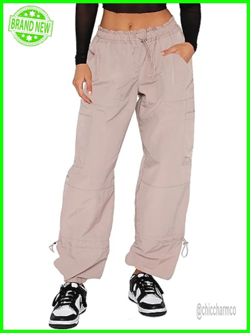 Wide Leg Cargo Pants Drawstring Elastic Waist Y2K Parachute Pants with Multiple